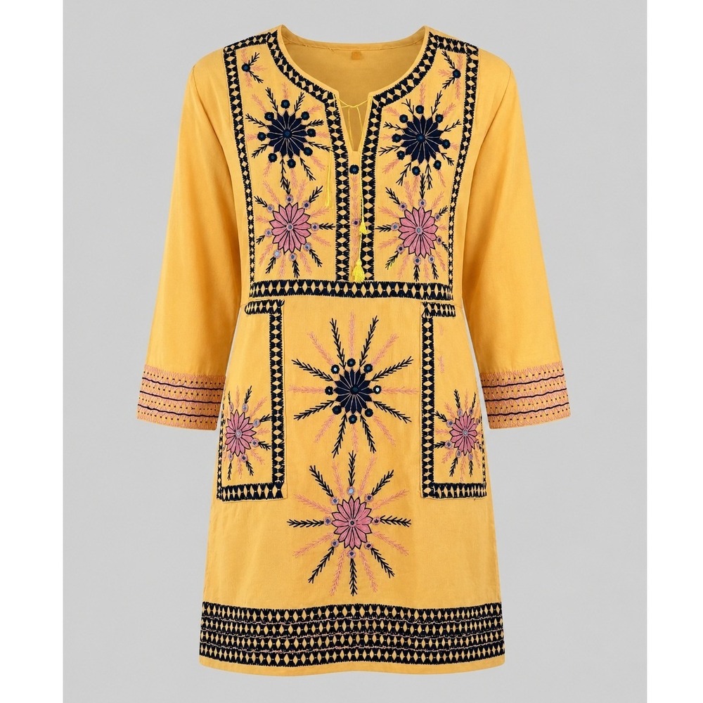 Vintage Handmade Embroidered Kurti Tunic Top Mustard Yellow‎ Boho Ethnic Women M